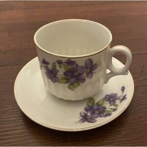 Purple Floral Tea Set‎ Teacup & Saucer Vintage Ceramic Gold Trimmed Japan